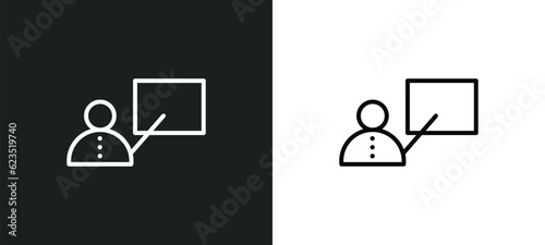 teacher with stick icon isolated in white and black colors. teacher with stick outline vector icon from education collection for web, mobile apps and ui.