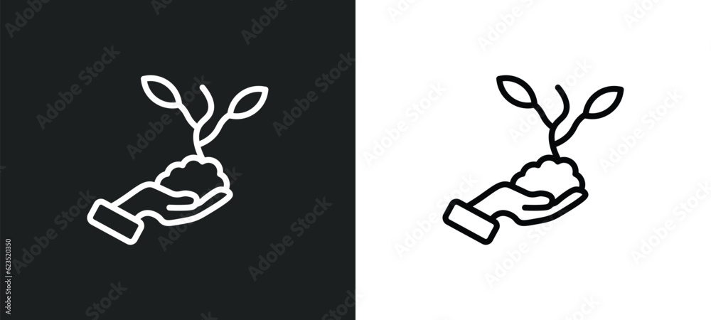 plant on a hand icon isolated in white and black colors. plant on a hand outline vector icon from ecology collection for web, mobile apps and ui.