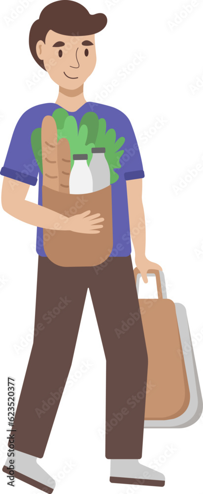 A young cute male character walking out of a supermarket with food and grocery goods in eco packaging after shopping time. A courier going with the purchases. Online shopping and delivery concept.