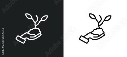 plant on a hand icon isolated in white and black colors. plant on a hand outline vector icon from ecology collection for web, mobile apps and ui.