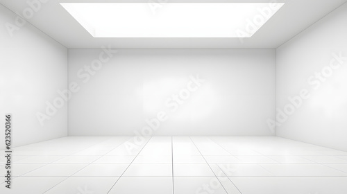 3d rendering of white empty space in room  ceramic tile floor in perspective  window and ceiling strip light. Interior home design look clean  bright  shiny surface with texture pattern for background