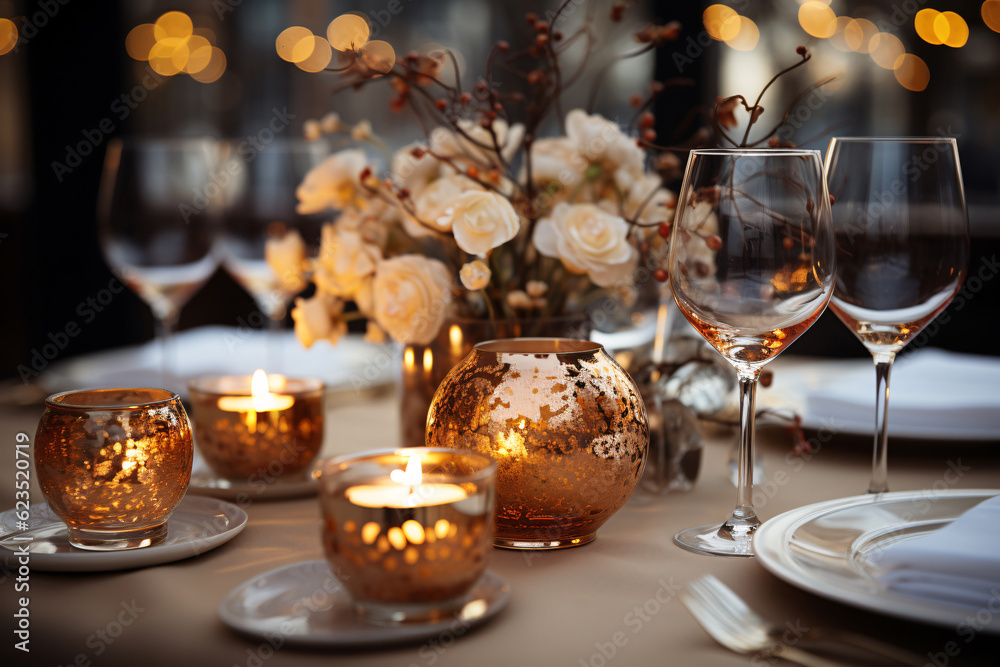 Elegant table setting in restaurant. Selective focus. Table set for an event party or wedding reception.  Generative AI technology