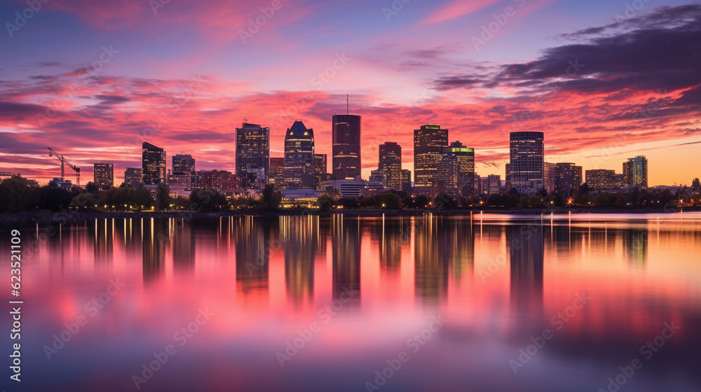 A dramatic cityscape photograph taken during the golden hour, with city lights reflecting on a calm river Generative AI