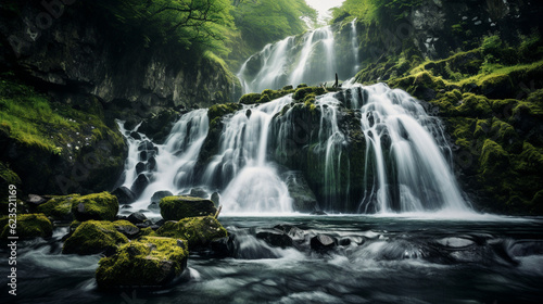 A stunning landscape photograph of a cascading waterfall  capturing the power and serenity of nature Generative AI