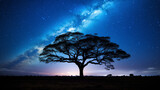 An enchanting nighttime photograph of the Milky Way galaxy, with a lone tree silhouetted against the starry sky Generative AI