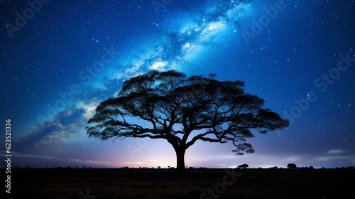 An enchanting nighttime photograph of the Milky Way galaxy, with a lone tree silhouetted against the starry sky Generative AI © Наталья Евтехова