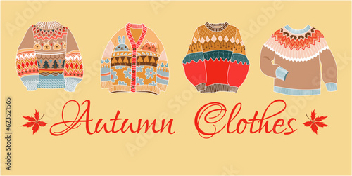 Autumn sweater set flat style. Vector poster with cozy sweater and lettering. Scrapbook collection of fall season elements.