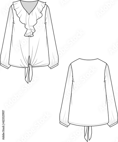 Fashion Tops v neck Ruffles front knot tie detail long sleeve gathering t-shirt blouse flat sketch  technical drawing vector design  