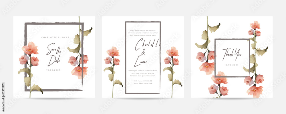Hand painting of nude roses arrangement on wedding invitation background. Beautiful wedding card invitation.