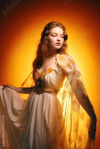 portrait of a woman/model/book character standing in a warm setting with flowing movements/dress in a fashion/beauty editorial magazine style film photography look - generative art