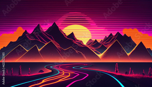 Landscape with mountains  Trendy neon synth wave background with sunset sky  road and mountains  retro abstract background. Retro wave scene Ai generated image