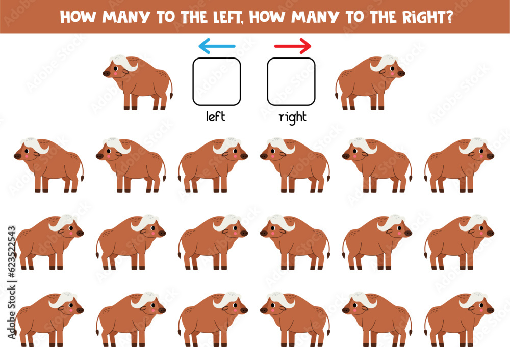 Obraz premium Left or right with cute cartoon buffalos. Logical worksheet for preschoolers.