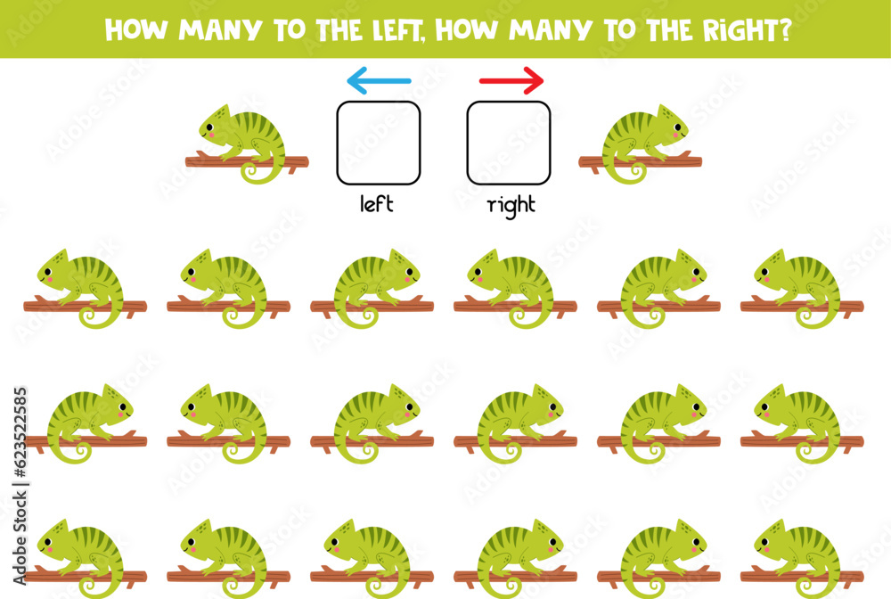 Left or right with cute cartoon chameleons. Logical worksheet for preschoolers. Left or right with cute cartoon chameleons. Logical worksheet for preschoolers.
