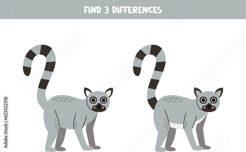 Find three differences between two pictures of cute lemur. Game for kids.
