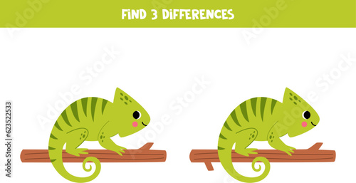 Find three differences between two pictures of cute chameleons. Game for kids.