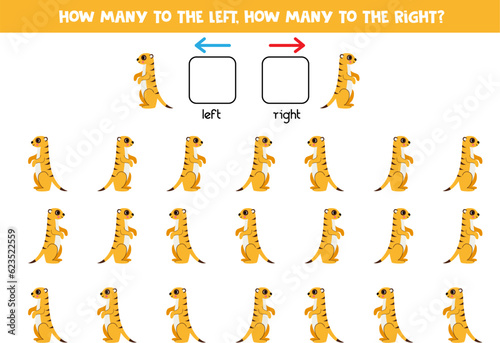 Left or right with cute cartoon meerkats. Logical worksheet for preschoolers.