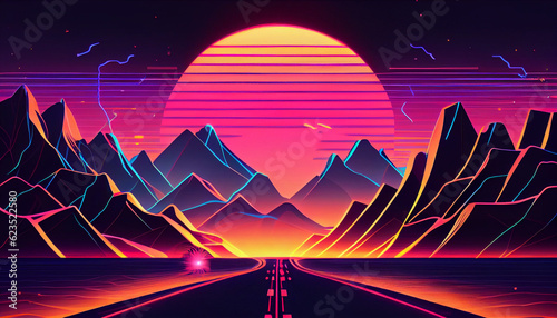 Landscape with mountains, Trendy neon synth wave background with sunset sky, road and mountains, retro abstract background. Retro wave scene Ai generated image