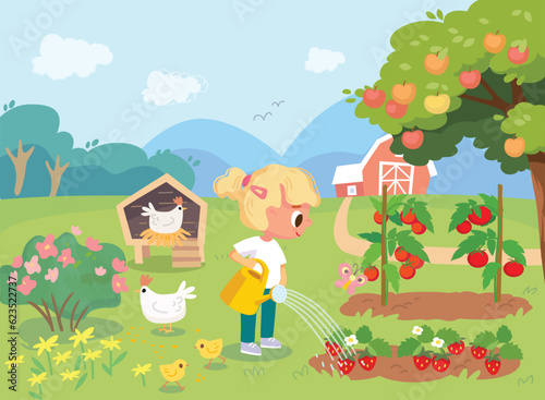 PrintSummer day at farm. Garden with apple tree, swings, chicken coop, garden beds, strawberries and tomatoes. Girl planting tomatoes.