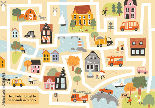 Children maze illustrated. Vector labyrinth with town symbols, cars, houses, buildings, trees, streets. City easy simple drawing map. © olgache