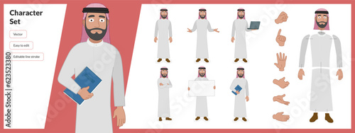 Illustration of middle eastern man, wearing traditional clothing in a set of multiple poses. Easy to edit with editable line strokes and isolated on white background. Suitable for animation.