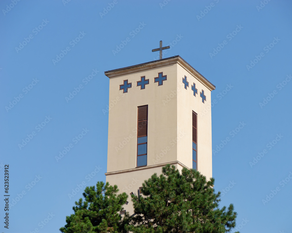 Close-up photo of a Steeple of the Church of Saint Anthony of Padua in Zagreb, Croatia