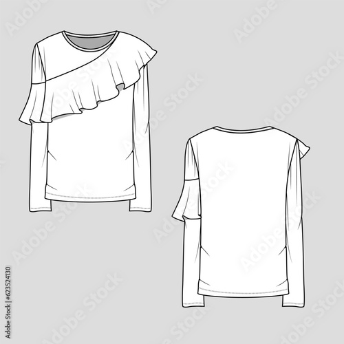 Fashion tops front fancy ruffles crew neck long sleeve t-shirt blouse flat sketch technical drawing vector design 