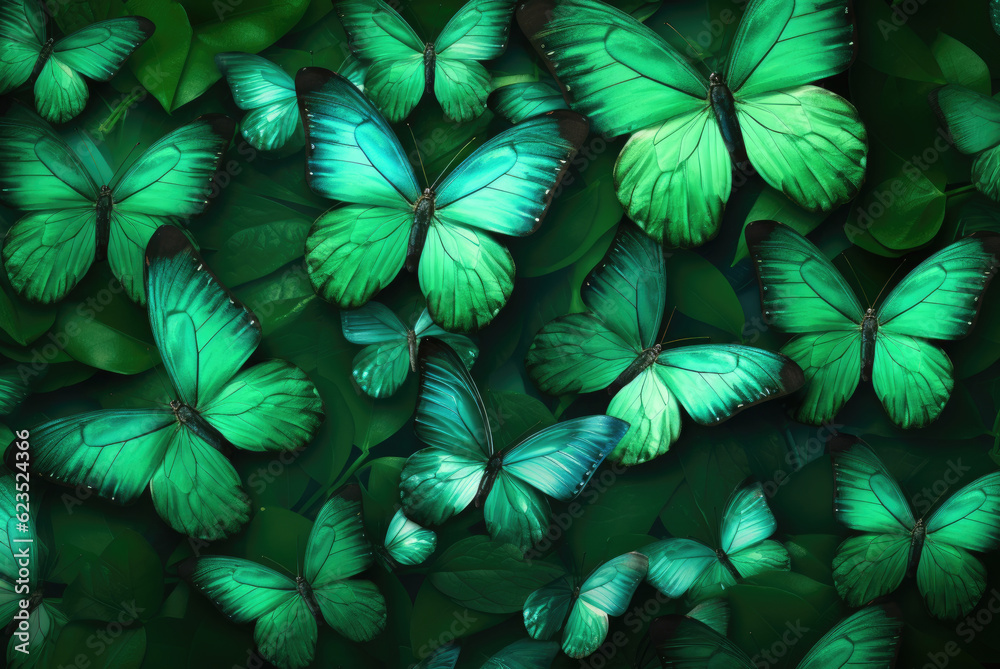 Beautiful background of tropical green butterflies
