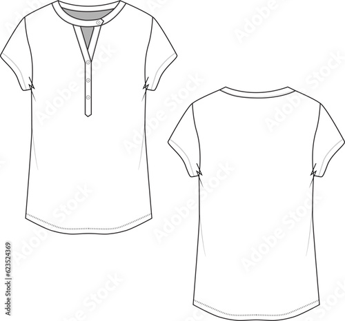 Fashion Tops Henley neck button placket  t-shirt blouse sketch technical drawing vector design