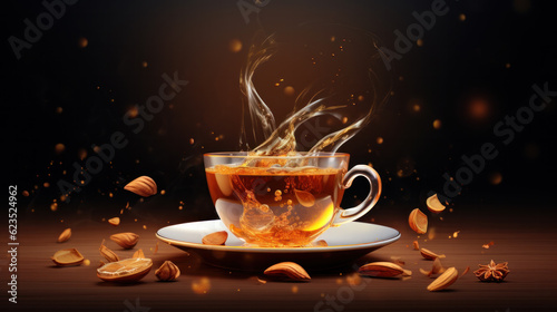 Cup of freshly brewed black tea,escaping steam,warm soft light, darker background.