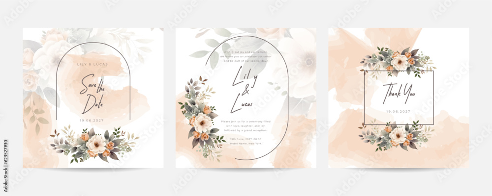 Social media watercolor floral wedding invitation card template set. Nude roses wedding invitation card.