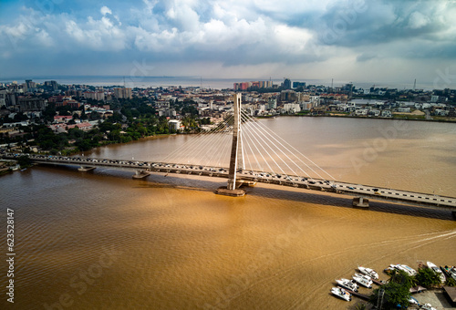 An aerial image of overhead Lekki-Ikoyi link bridge and the lagoon, Lagos, Nigeria