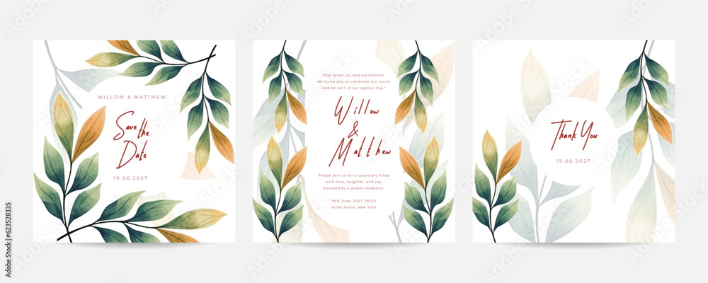 Hand painting of green tropical leaves arrangement on wedding invitation background. Garden wedding card invitation theme.