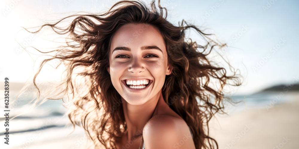 A young woman smiles joyfully, radiating happiness. A young woman smiles joyfully, radiating happiness.