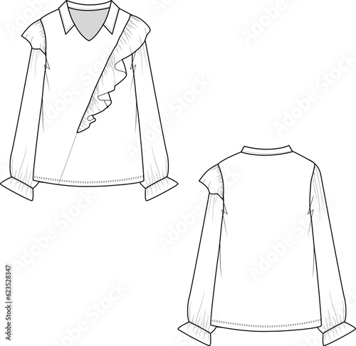 Fashion one side shoulder Ruffle Sleeve gathering Top flat sketch technical drawing design vector