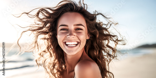 A young woman smiles joyfully, radiating happiness.