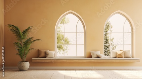 Empty interior room 3d illustration with pillow and plant, wall and window