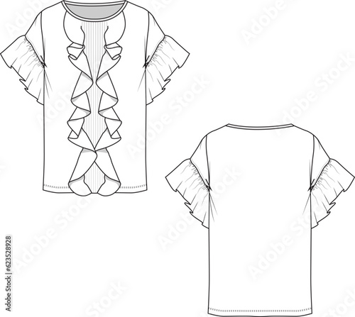 Fashion Pleated ruffles crew neck fancy sleeve t-shirt top blouse flat sketch drawing design vector