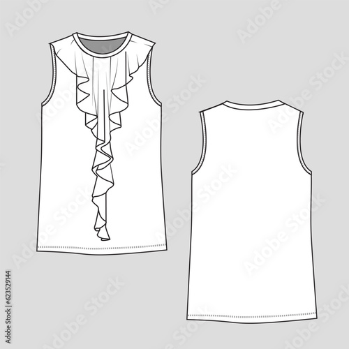 Fashion ruffles decorative tank tops flat sketch technical drawing vector design 