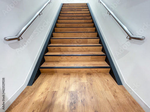 The staircase steps are made of brown wood and have stainless steel handrails on both sides.