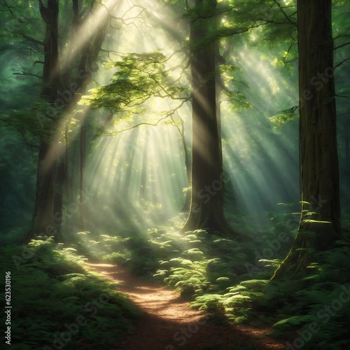 Beautiful rays of sunlight in a forest. Generative AI