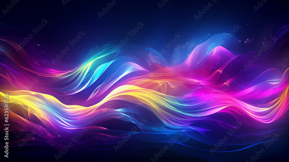 Vibrant colorful dancing neon waves in a dynamic movement energy luminous fantasy futuristic illuminated atmosphere