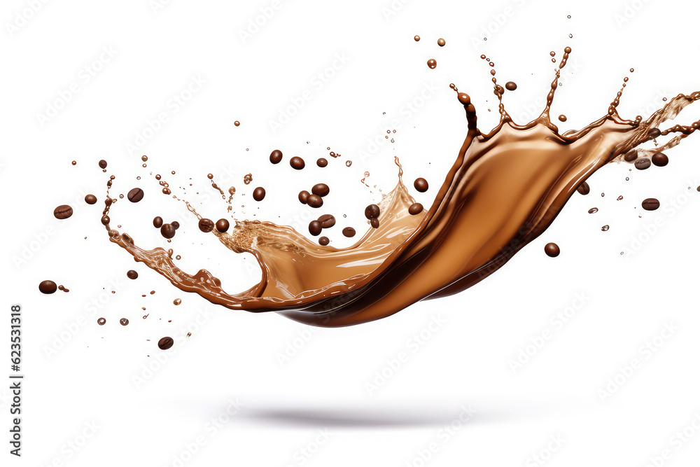 Splash of liquid coffee with coffee beans falling in motion isolated on white flat background. Coffee flavor template. Generative AI 3d render illustration imitation. Splash of liquid coffee with coffee beans falling in motion isolated on white flat background. Coffee flavor template. Generative AI 3d render illustration imitation.