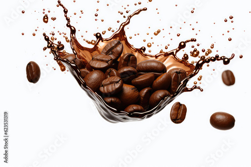 Splash of liquid coffee with coffee beans falling in motion isolated on white flat background. Coffee flavor template. Generative AI 3d render illustration imitation.