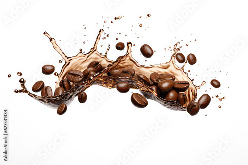 Splash of liquid coffee with coffee beans falling in motion isolated on white flat background, copy space. Coffee flavor template. Generative AI 3d render illustration imitation.