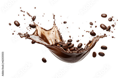 Splash of liquid coffee with coffee beans falling in motion isolated on white flat background. Coffee flavor template. Generative AI 3d render illustration imitation.