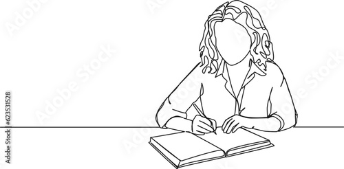 continuous single line drawing of woman taking notes in journal or diary, line art vector illustration