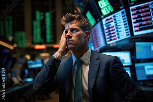 Stock market crash, man looks worried at financial graph charts, candlestick charts, created with Generative AI