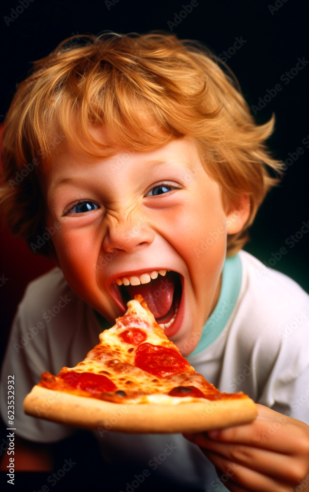 Cute and smiling little boy eats a tasty slice of pizza Cute and smiling little boy eats a tasty slice of pizza