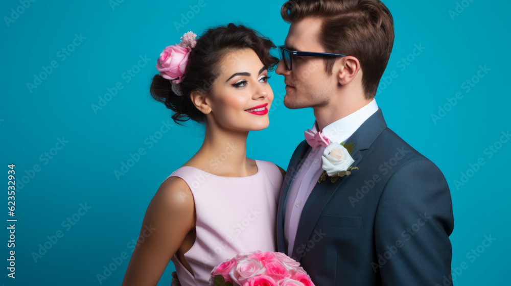 A bride and groom in front of a blue backdrop, with the bride wearing a pink dress and the groom wearing black glasses A bride and groom in front of a blue backdrop, with the bride wearing a pink dress and the groom wearing black glasses