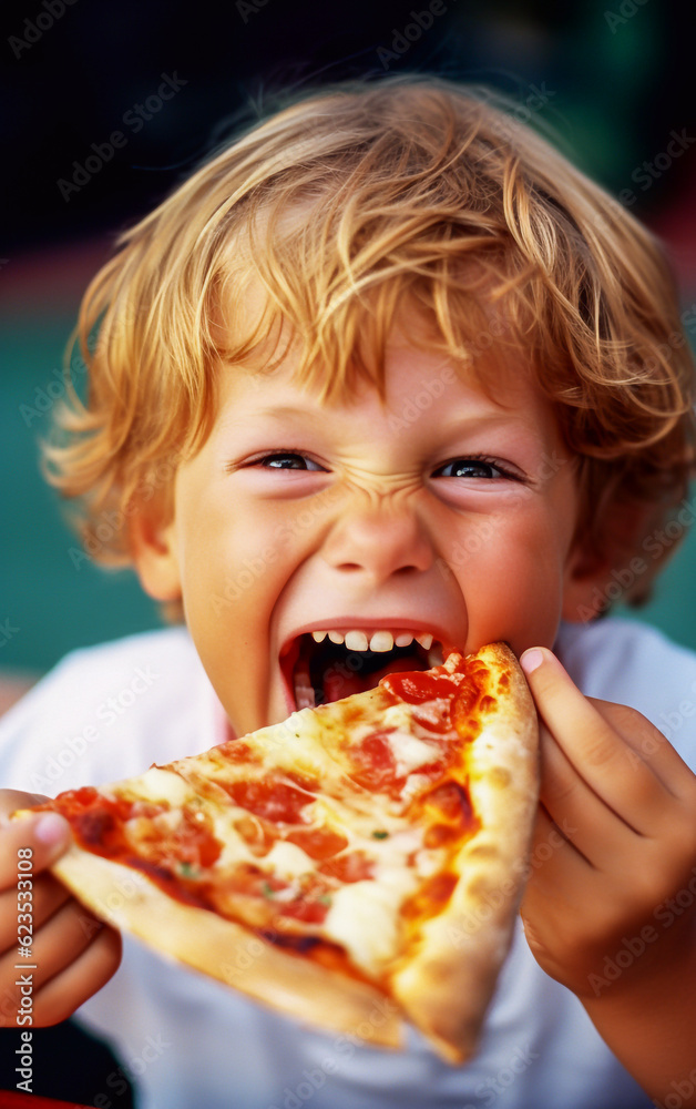 Cute and smiling little boy eats a tasty slice of pizza Cute and smiling little boy eats a tasty slice of pizza